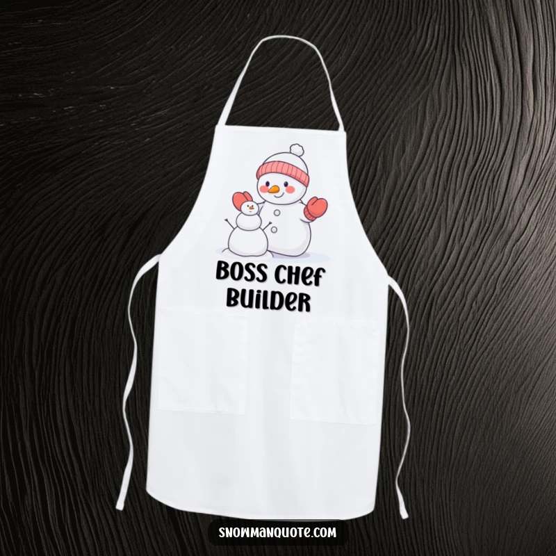 Funny snowman apron showing a snowman in mittens attempting to build a smaller snowman, perfect for kitchen tasks and humorous flair.