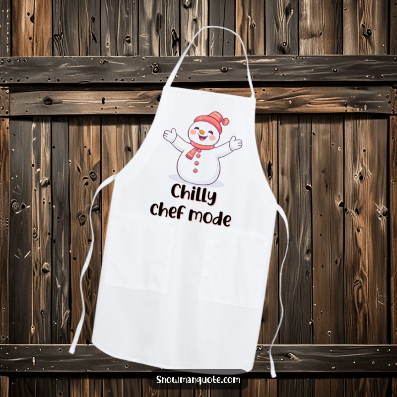 Funny snowman with arms joyfully embracing snowflakes, printed on a functional and humorous kitchen apron for winter cooking.