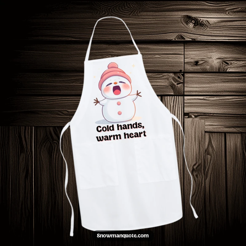 Funny sleepy snowman apron dusted with twinkling stardust, yawning gently, perfect for adding humorous winter vibes to cooking or baking.