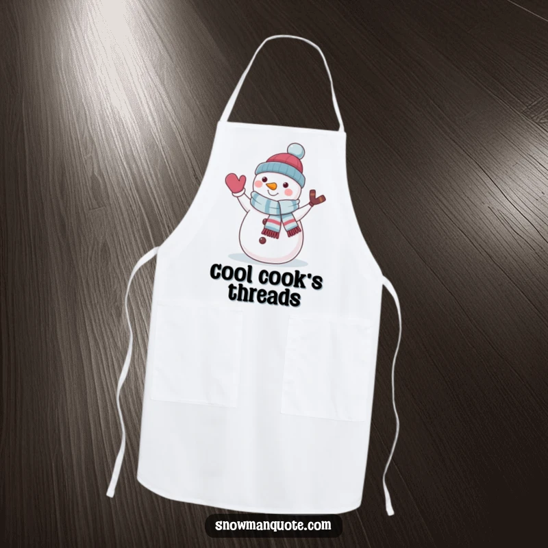 Funny snowman in a jaunty scarf waving, featured on a kitchen apron, adding humor to cooking tasks.
