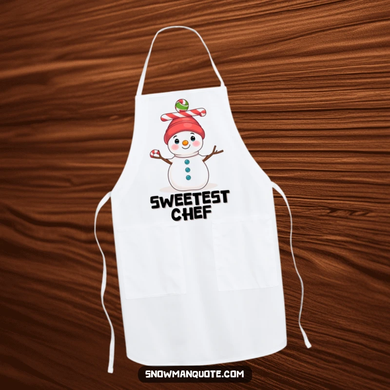 Funny kitchen apron showcasing a snowman with remarkable balance, holding three colorful candy canes on its head during festive baking.