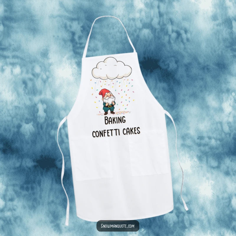 Funny playful cloud raining colorful confetti onto a bewildered garden gnome, a humorous apron for the kitchen, embracing playful cooking.
