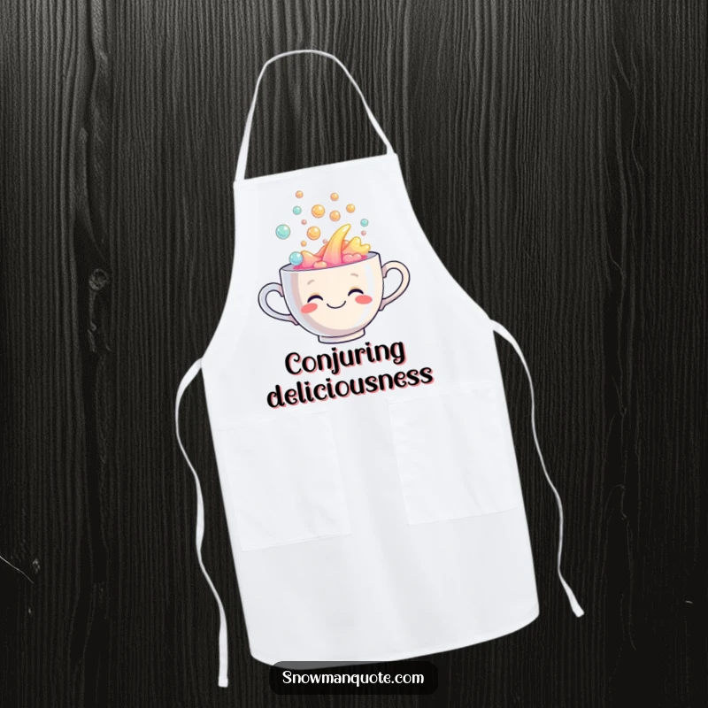 Funny apron featuring a smiling teacup overflowing with a bubbly rainbow liquid, ideal for joyful cooking adventures.