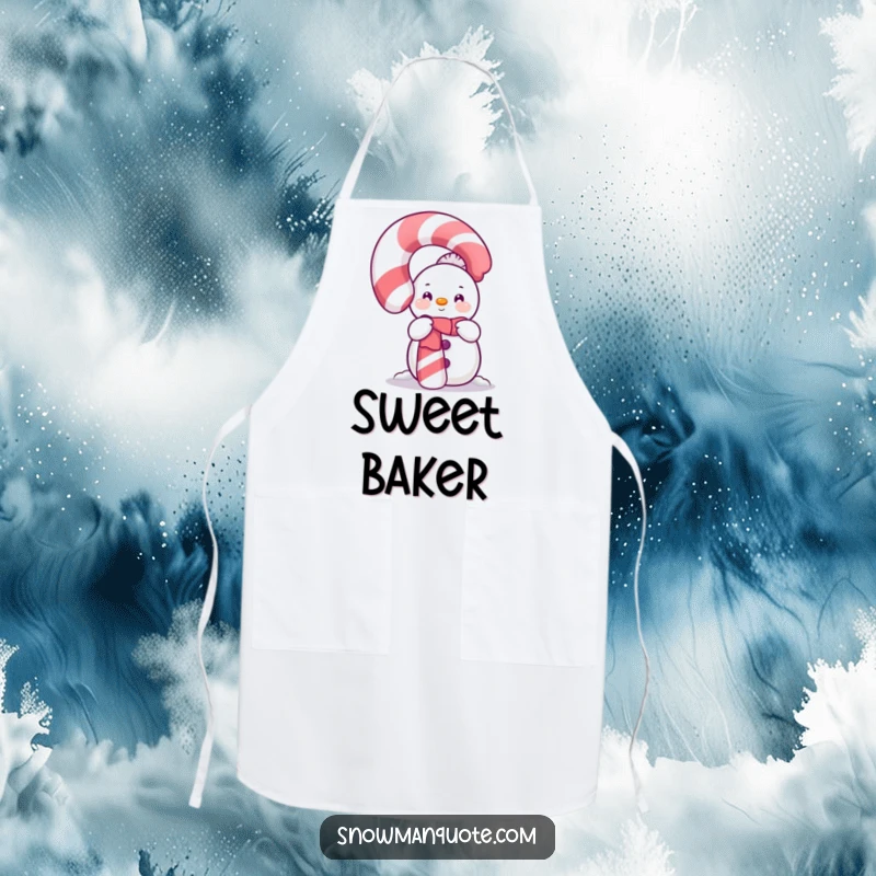 Funny Shy Snowman Candy Cane Apron showing a bashful snowman peeking from behind a large, festive candy cane.