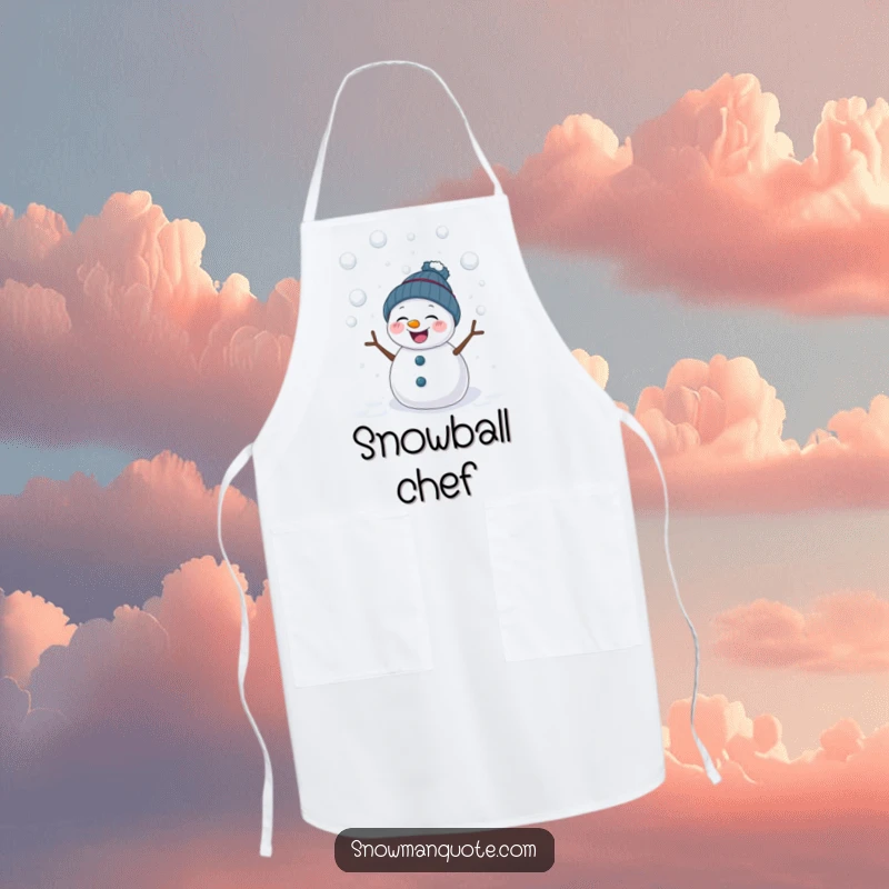 Funny apron depicting a giggling snowman being showered by snowballs. Great for chefs and home cooks who enjoy humorous kitchenware.