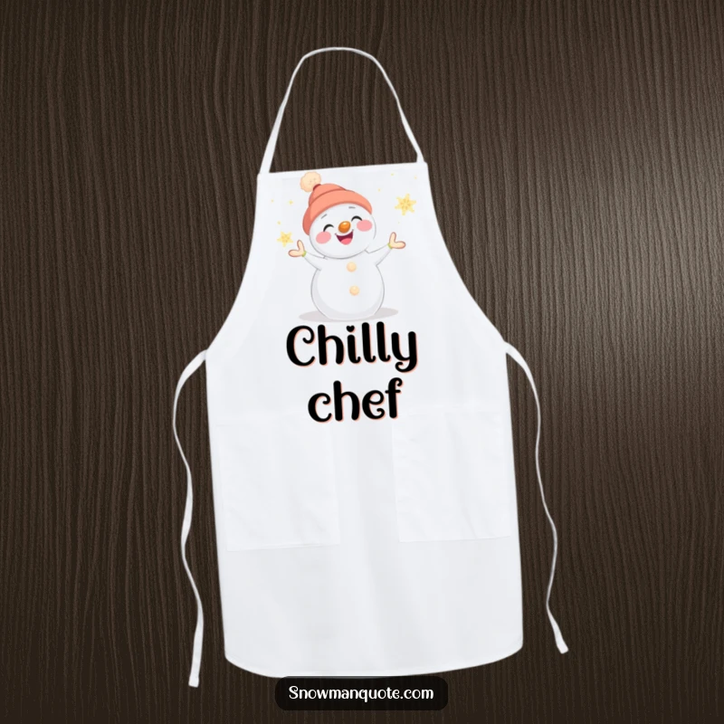 Funny snowman apron featuring a smiling snowman juggling glowing snowflakes, its carrot nose adding charm to the kitchen.