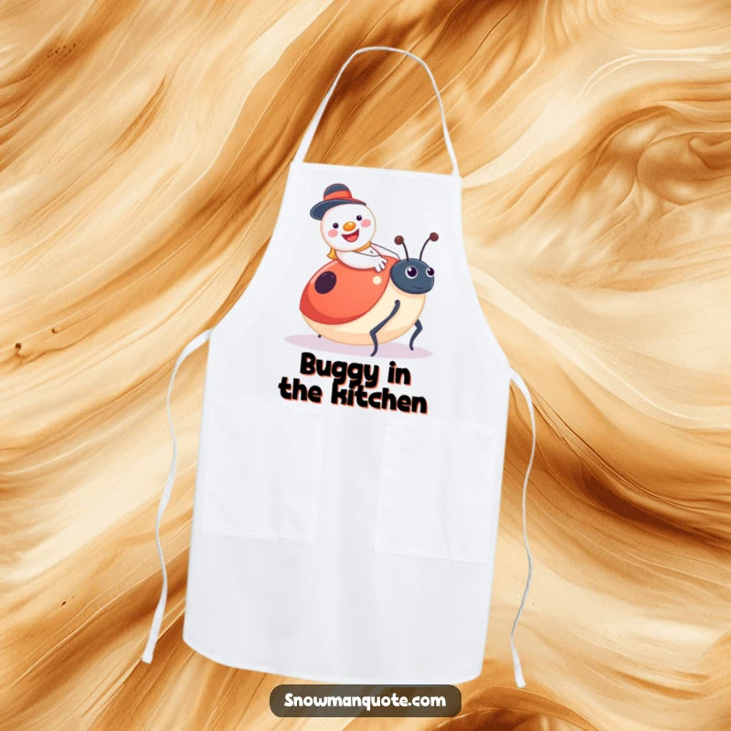 Funny snowman apron, jolly and smiling, riding a surprised giant ladybug, adding whimsical charm to cooking.