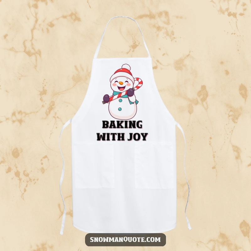 Funny snowman apron with a snowman singing into a candy cane microphone, bringing humor to the kitchen.
