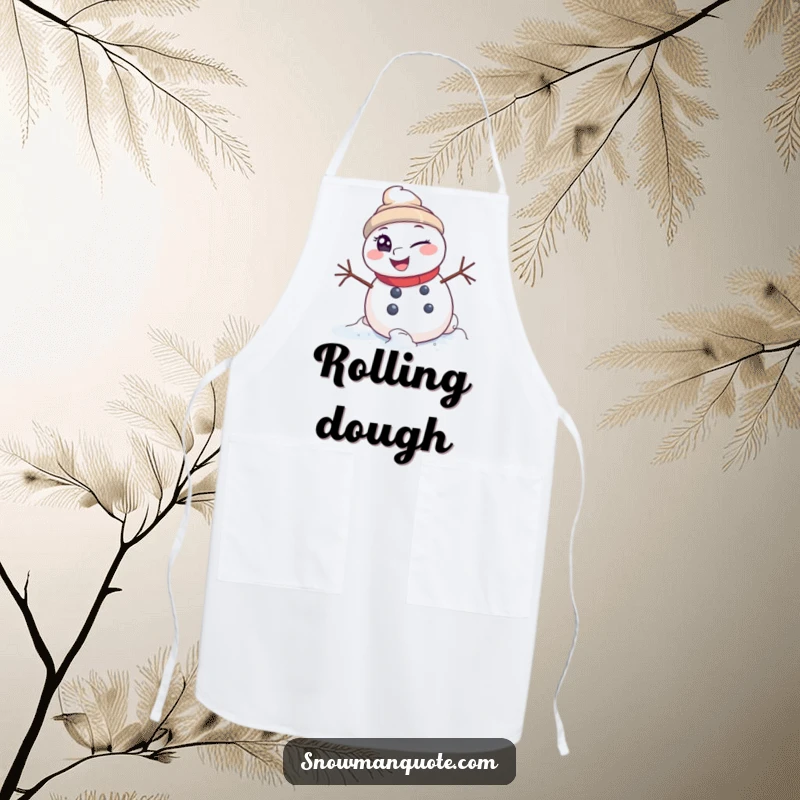 Funny Apron: A winking snowman rolling downhill with a mischievous glint, ready to protect your clothes while you cook with fun.