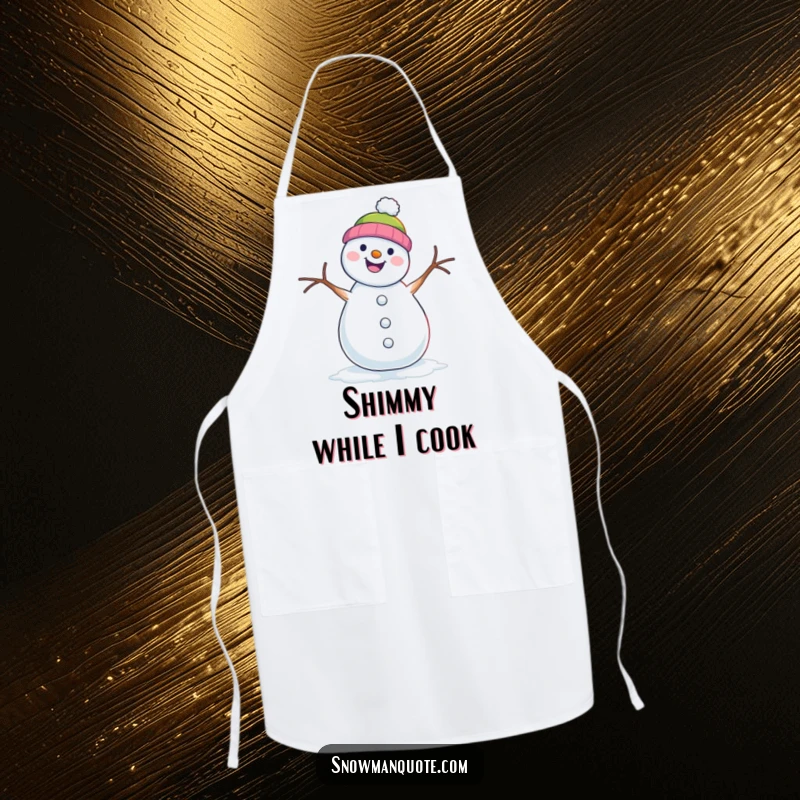 Funny apron with a snowman energetically shimmying, its twig arms moving to the beat.