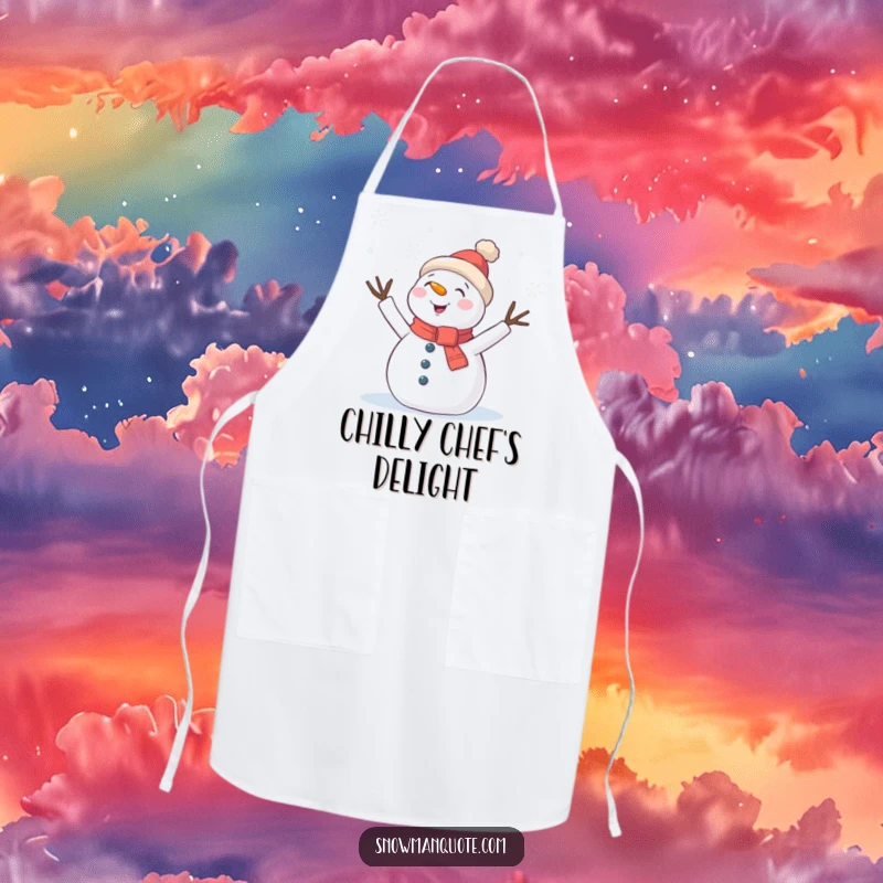 Funny Apron: A joyful snowman with twig arms waves excitedly at falling snowflakes, adding charm to kitchen tasks.