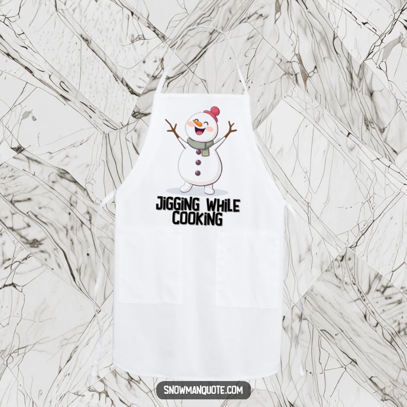 Funny apron featuring a happy snowman doing a lively jig with flailing twig arms. Adds a humorous, energetic touch to any kitchen.