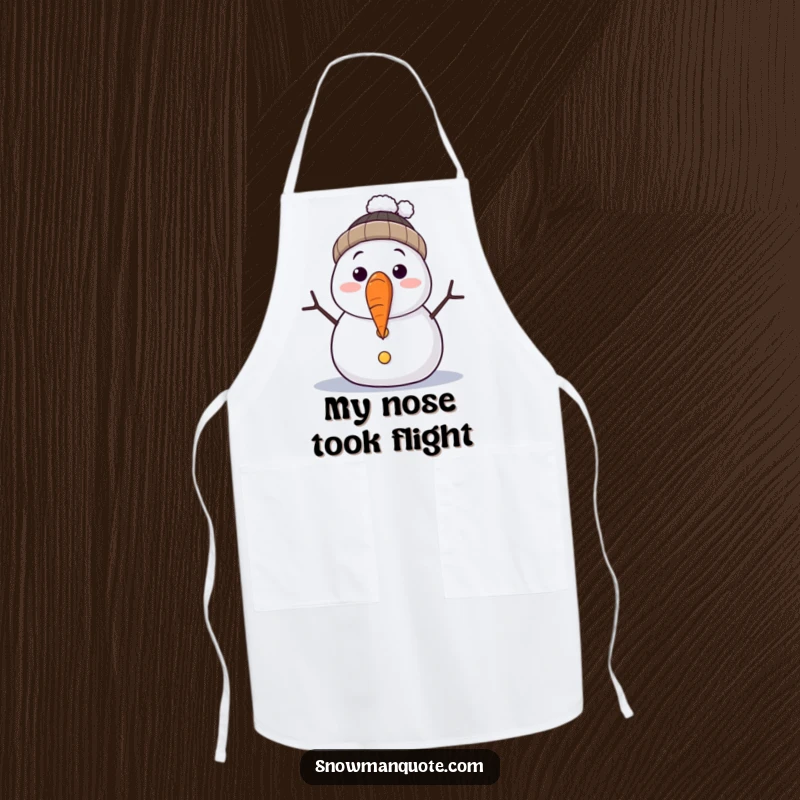 Funny apron illustrating a surprised snowman whose carrot nose has fallen off. Ideal for chefs and home cooks who appreciate kitchen humor.