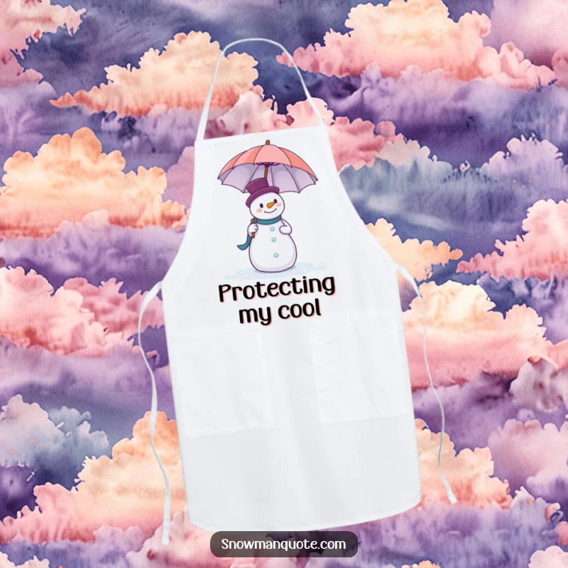 Funny apron with a snowman comically struggling to hold a large umbrella while cooking or baking.