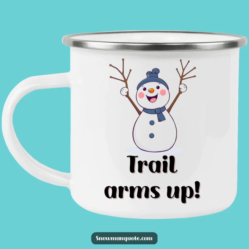 Funny Cheering Snowman Camping Mug: Twig Arm Celebration Outdoor Gift