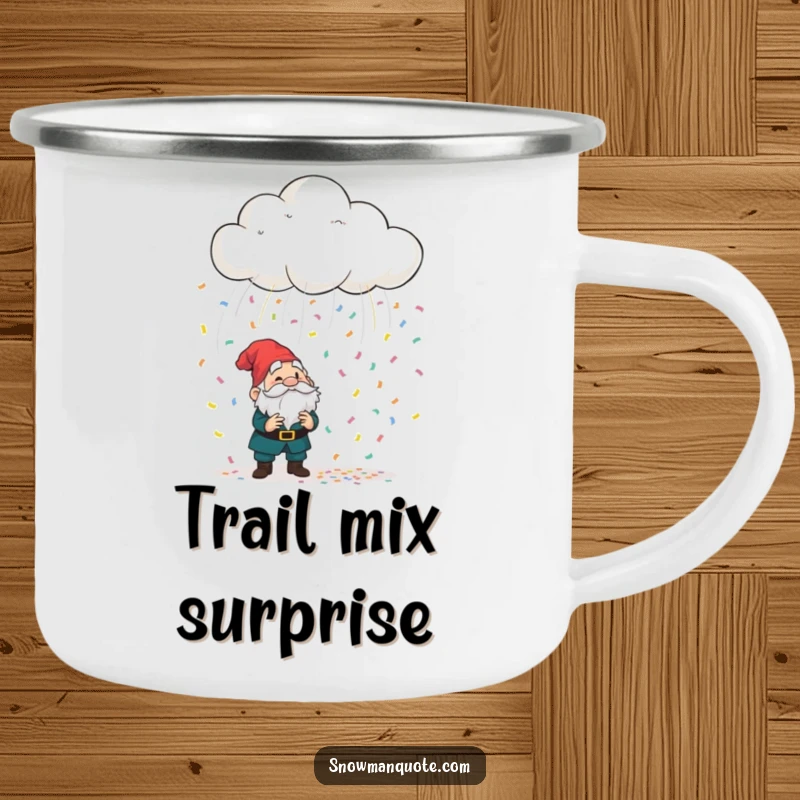 Funny playful cloud raining colorful confetti onto a bewildered garden gnome, a sturdy camping mug for enjoying beverages with a touch of magic.