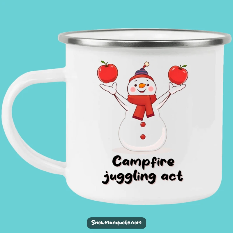 Funny Juggling Snowman Camping Mug - Apple Acrobat for Outdoor Fun Gift