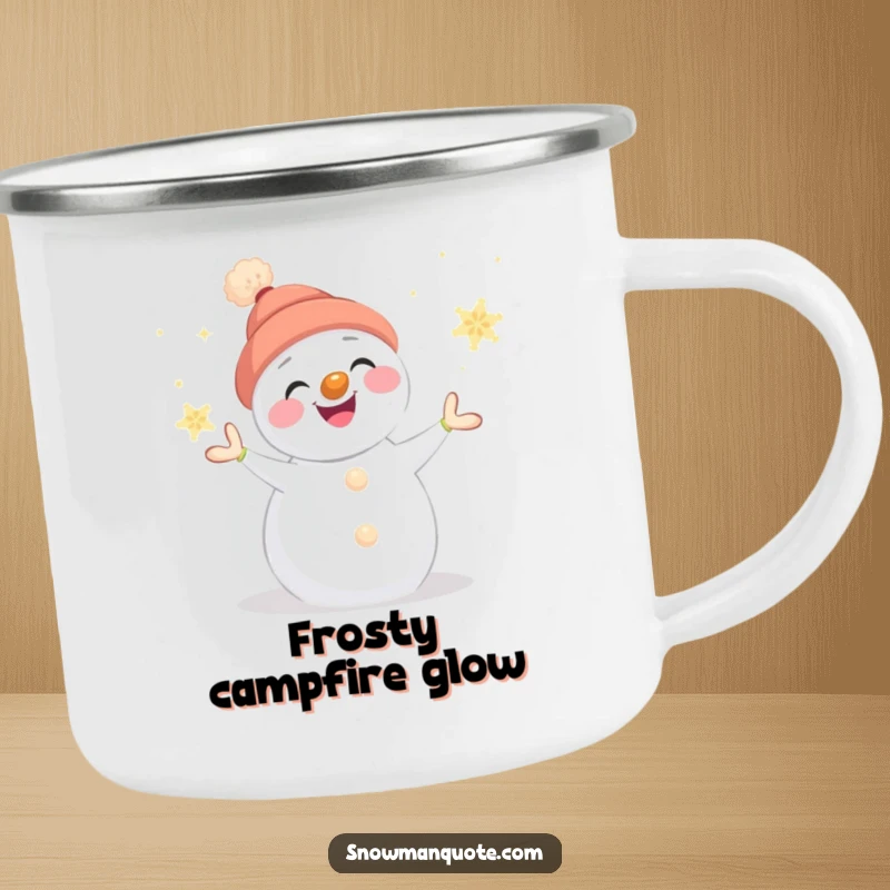 Funny snowman camping mug showing a smiling snowman juggling glowing snowflakes, its carrot nose adding a whimsical touch.