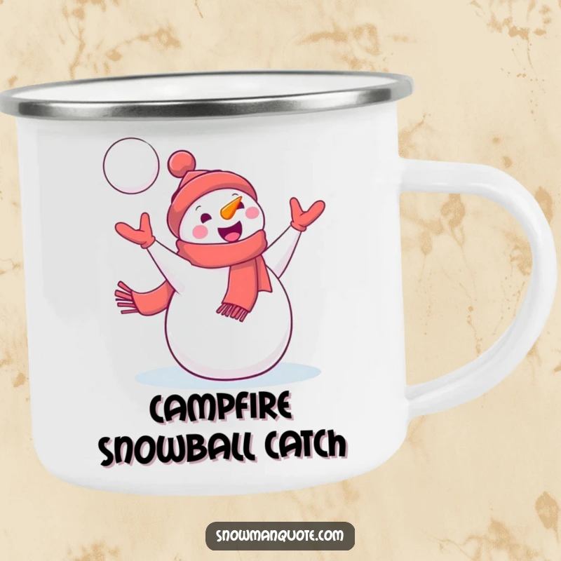 Funny Snowman Camping Mug: A delighted snowman with a jaunty scarf catches a flying snowball, ready for outdoor winter fun.