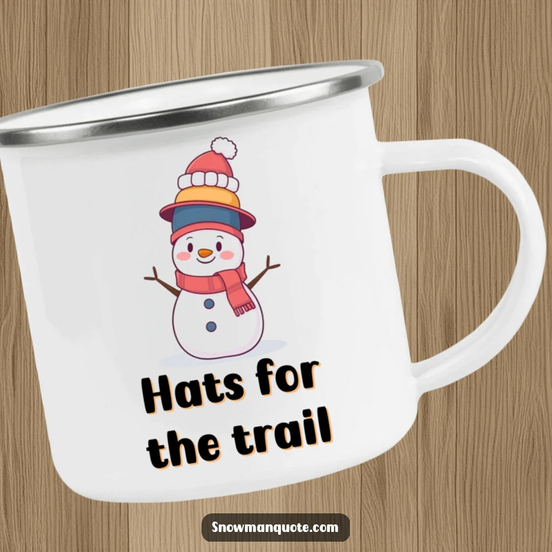 Funny camping mug featuring a wobbly snowman balancing a tall stack of hats. Durable and humorous, perfect for outdoor enthusiasts.