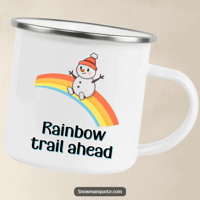 Funny snowman camping mug, a cheerful character in a tiny hat sliding down a vibrant rainbow, perfect for outdoor fun.