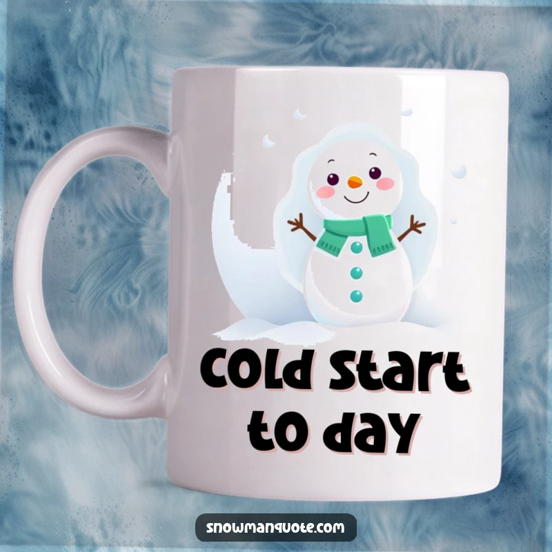 Funny Snowman Mug: A cute snowman peeks shyly from behind a huge snowball, looking playful.