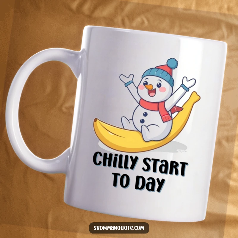 Funny snowman comically slipping on a banana peel, arms flailing wildly, creating a hilarious winter scene on a mug.