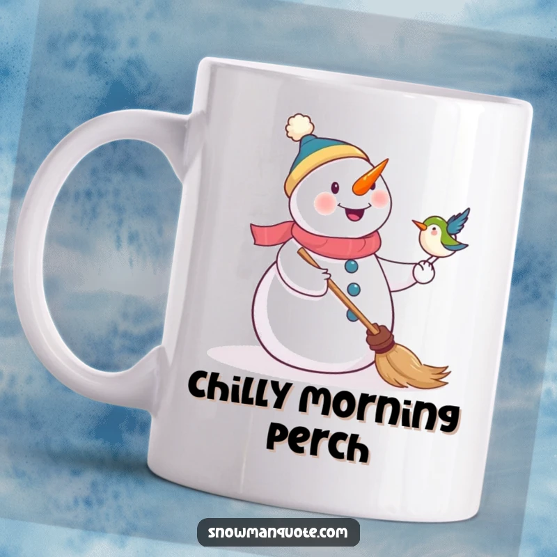 Funny mug featuring a happy snowman with a bird on its broom, celebrating a delightful winter moment.