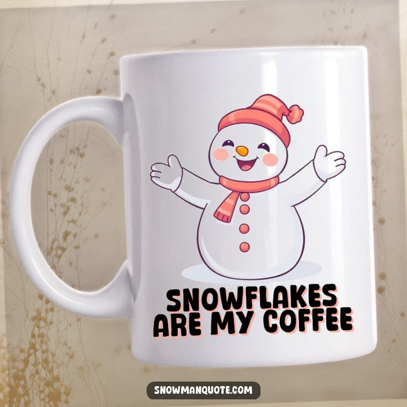 Funny snowman with outstretched arms joyfully hugging falling snowflakes, a heartwarming and whimsical winter scene on a mug.