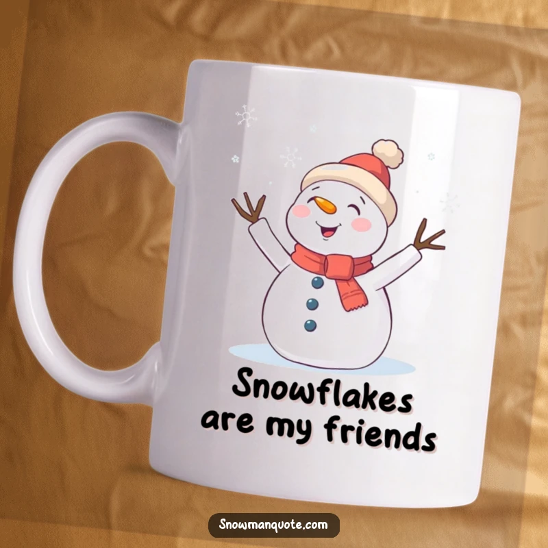 Funny Mug: A happy snowman with twig arms waving excitedly as snowflakes gently fall around it, embodying winter's charm.