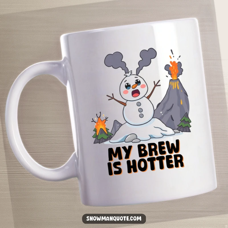 Funny snowman mug, surprised with wide coal eyes, dramatically leaping from an erupting volcano, chaos and laughter.