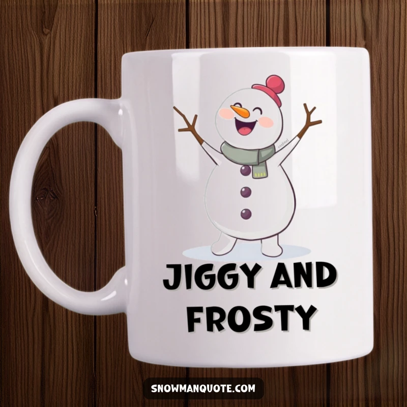 Funny mug illustration of a joyful snowman performing a jig with its twig arms flailing energetically. Captures pure, uninhibited winter fun.
