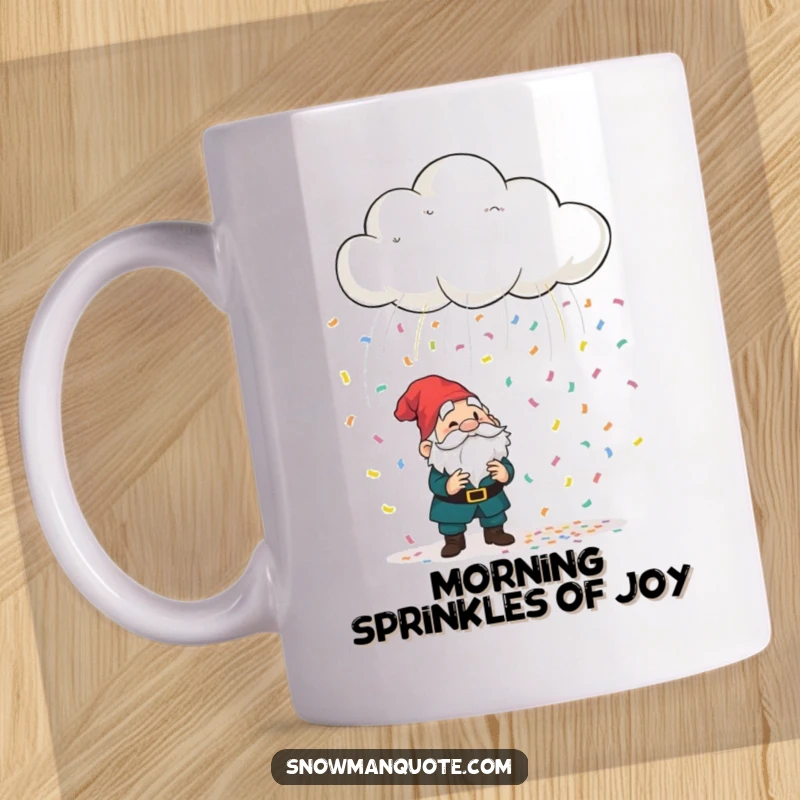 Funny playful cloud raining colorful confetti onto a bewildered garden gnome, creating a whimsical and chaotic scene on a mug.