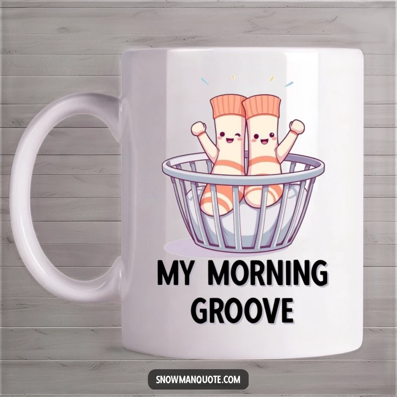 Funny sentient socks enthusiastically dancing within a laundry basket, a playful and comical scene depicted on a mug.