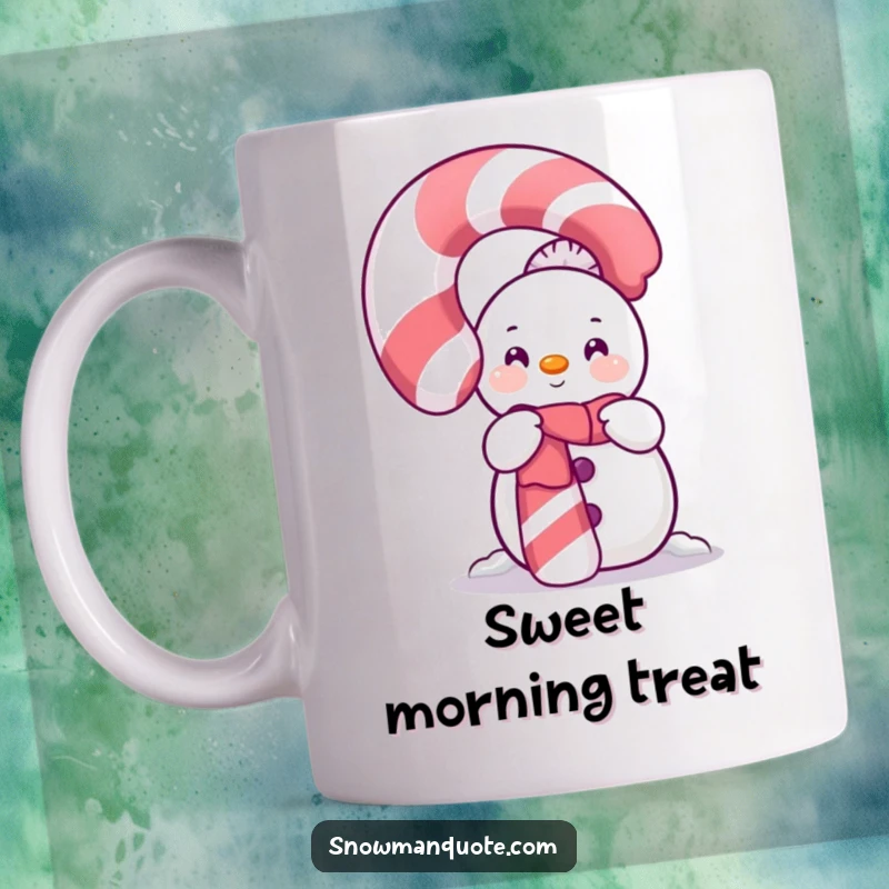 Funny Shy Snowman Candy Cane Mug showing a bashful snowman peeking out from behind a large, sparkling candy cane.