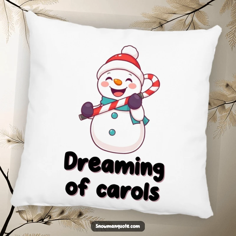 Funny snowman pillow featuring a snowman singing into a candy cane microphone, perfect for cozy decor.