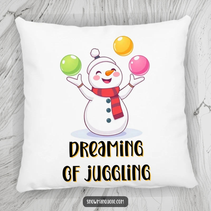 Funny Snowman Pillow: A cheerful snowman juggles colorful snowballs, offering comfort and a touch of festive humor. Soft and playful decor.