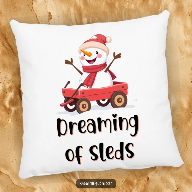 Funny snowman pillow featuring a happy snowman riding a traditional red wagon, adding humor to decor.