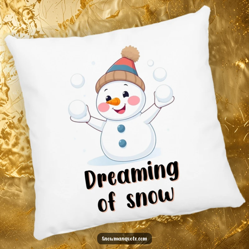 Funny snowman juggling pillow, smiling with a carrot nose, adding winter comfort and humor, great for a funny gift.