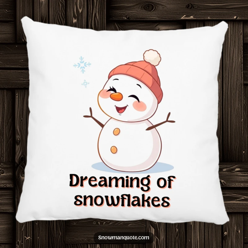 Funny Snowman Pillow: A cheerful snowman with carrot nose winking playfully at a falling snowflake, offering comfort and winter fun.