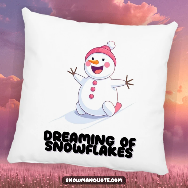 Funny cheerful snowman rolling energetically down a snowy hill, a soft and humorous accent pillow.