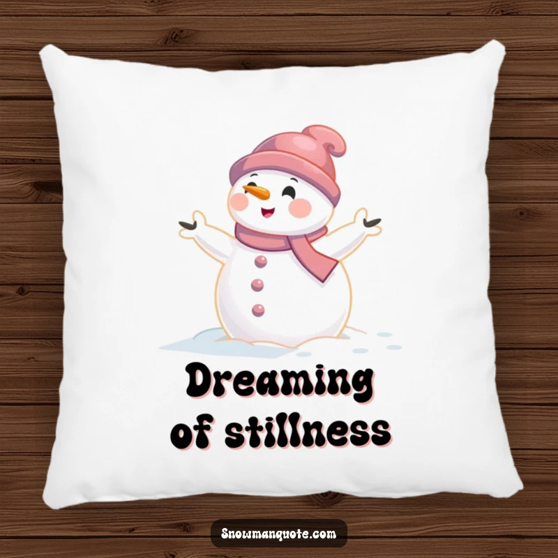 Funny snowman pillow featuring a snowman caught in a gentle wind gust with arms aflutter, offering humorous decor and cozy comfort.