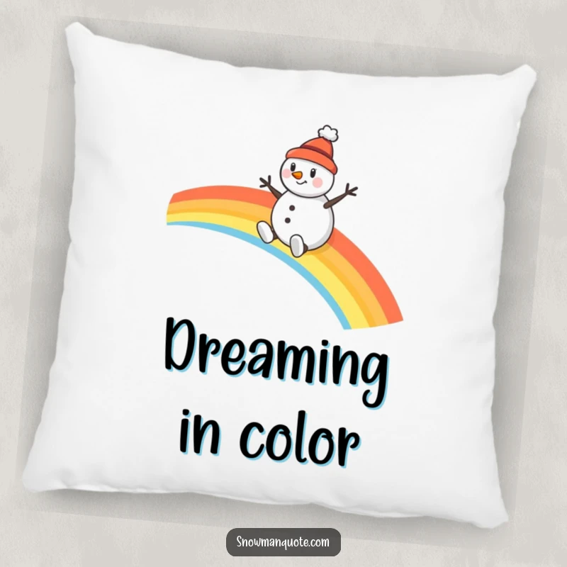 Funny snowman pillow, featuring a cheerful character sliding down a rainbow, providing cute and humorous comfort.
