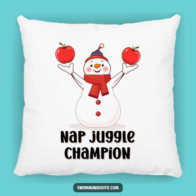 Funny Juggling Snowman Pillow - Apple Acrobat Comfort & Cozy Humor Gift