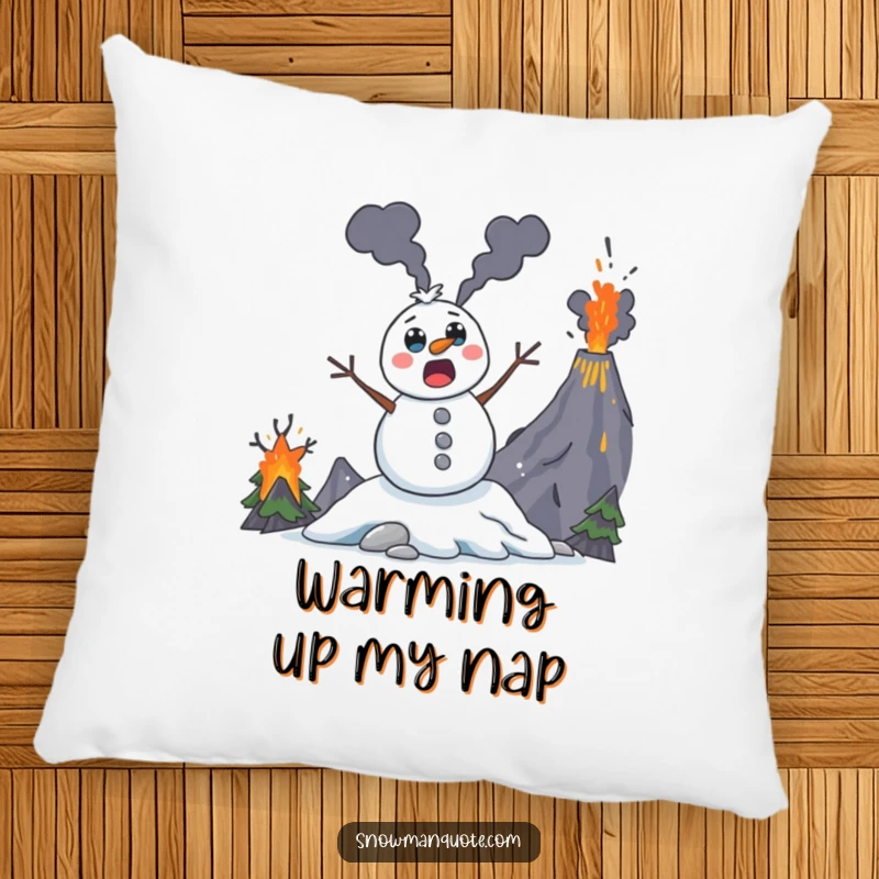 Funny snowman pillow, a surprised character with wide coal eyes escaping a fiery volcano, adding humor to comfort.