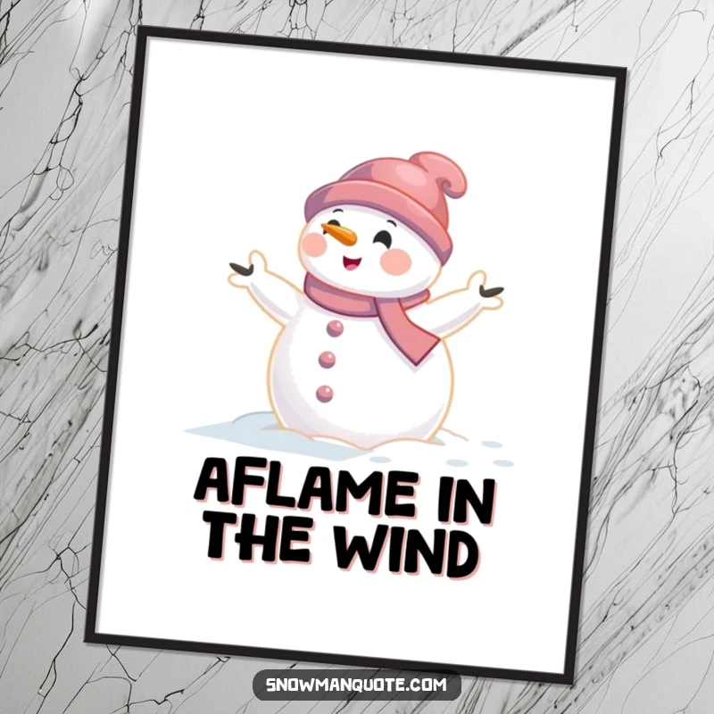 Funny snowman digital art print of a snowman caught in a gentle wind gust with arms aflutter, offering instant winter humor and charm.