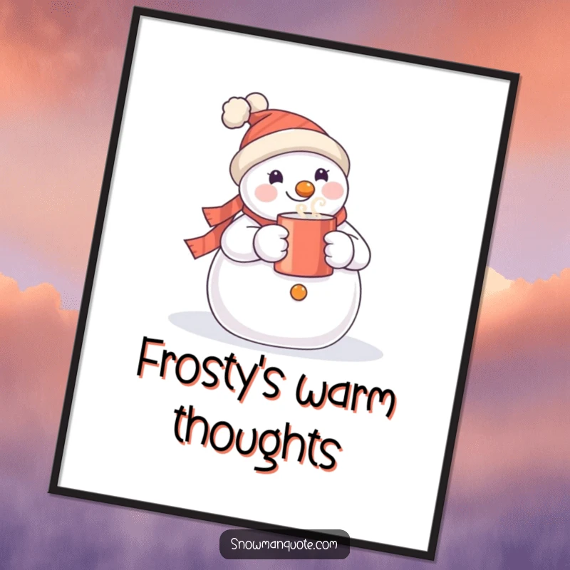 Funny snowman digital art print of a happy snowman with a steaming hot mug, perfect for instant winter decoration.