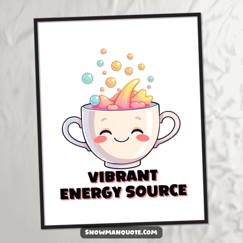 Funny digital art print of a smiling teacup overflowing with bubbly rainbow liquid, adding vibrant, humorous decor.