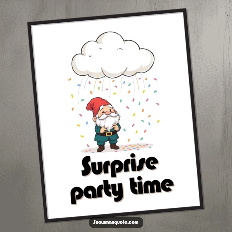 Funny playful cloud raining colorful confetti onto a bewildered garden gnome, a digital art print capturing whimsical fun and unexpected joy.