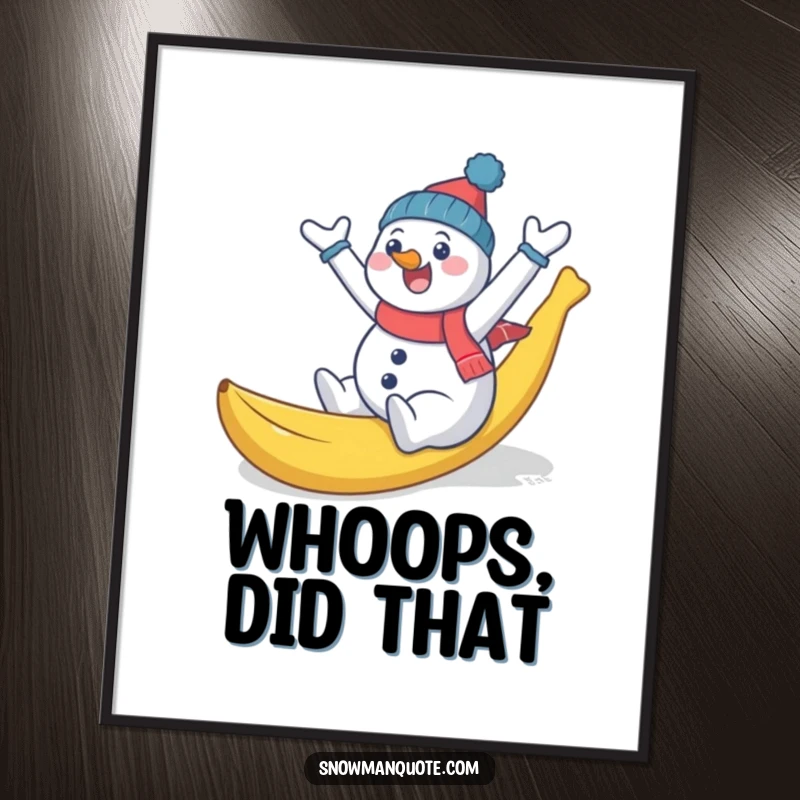 Funny snowman comically slipping on a banana peel, arms flailing, a digital art print capturing hilarious winter chaos and playful mishaps.